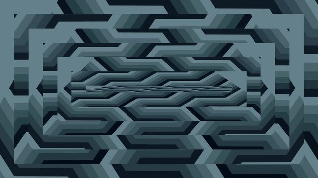 3D render of a blue labyrinth puzzle cube pattern illustrating a business strategy concept to find the success path and solution exit within a technology square wall design