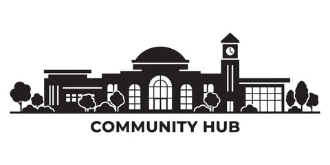Obraz premium Community hub building skyline with clock tower vector illustration for urban public infrastructure