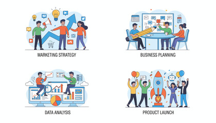 Naklejka premium business strategy concepts: marketing, planning, data analysis, product launch