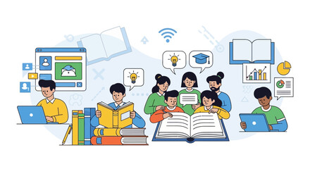 Online education concept: students learning and studying together