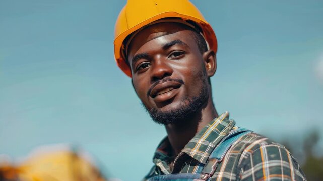 A happy man wearing a hard hat for work.