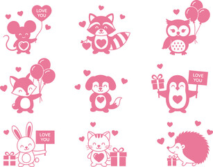 Adorable animals celebrate love with hearts and gifts