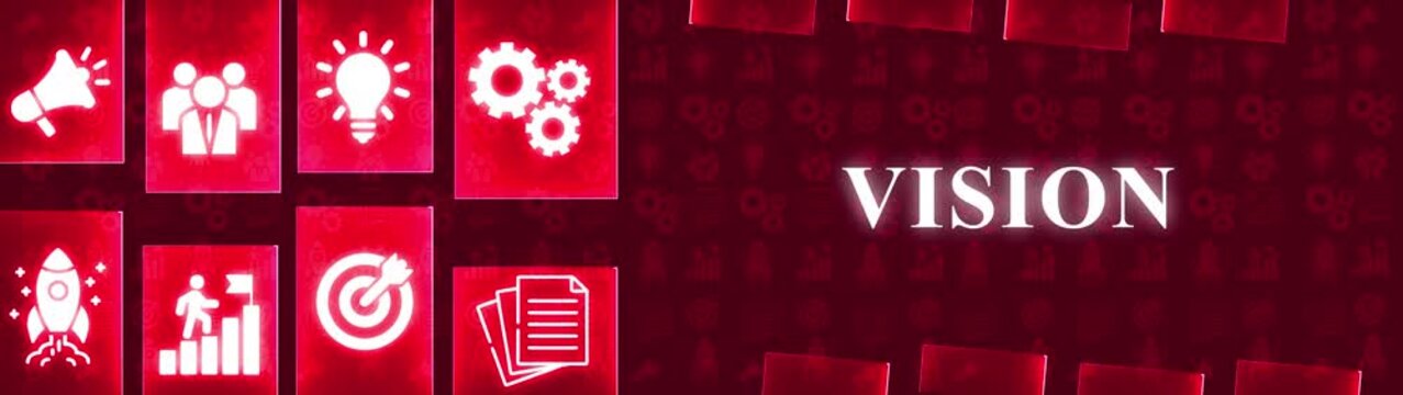 Red Business Vision Concept with Icons of Teamwork, Ideas, Gears, Rocket, Growth, Target and Documents