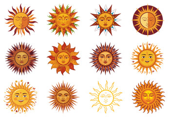 Collection of Traditional Sinhala and Tamil New Year Sun Vectors with Human Faces and Decorative Rays, Cultural Festival Design Elements