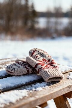 Knitted winter mittens resting on a wooden table in the snow  