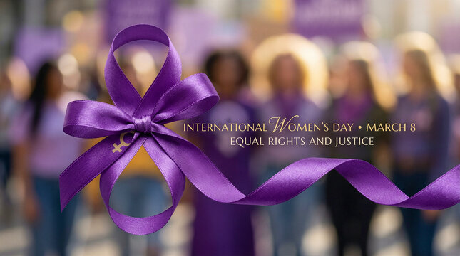Lazo morado de sat&eacute;n brillante, s&iacute;mbolo del D&iacute;a Internacional de la Mujer (8M). Representa igualdad, derechos y justicia social. Imagen elegante ideal para campa&ntilde;as y comunicaci&oacute;n institucional.