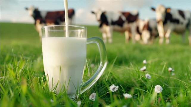 Milk in cup with cows standing in field