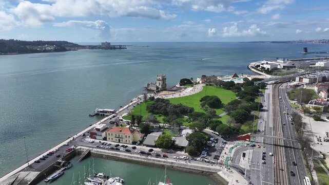 Belem Tower At Lisbon In Lisbon District Portugal. Coastal Castle. Fortress Landscape. Belem Tower At Lisbon In Portugal. Medieval Building. Touristic Landmark. Portugal Skyline.
