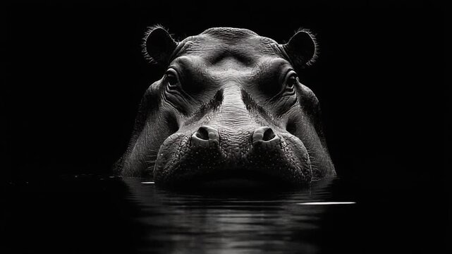 A grayscale portrait of a hippopotamus emerging from water, with a dark, moody background