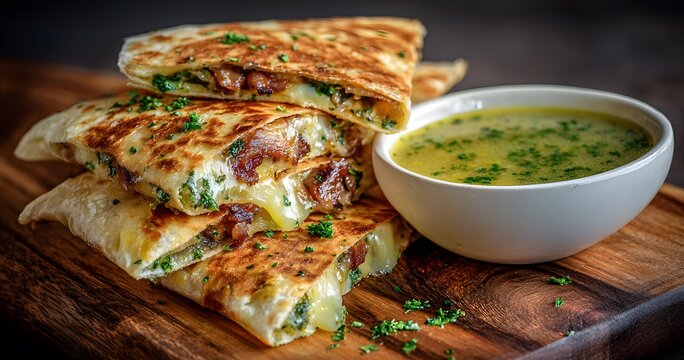 Gooey pocket of Mexican epazote chicharron quesadilla dipped into zesty South African citrus cilantro butter sauce clean professional stock photo sharp macro photography style cinematic realism ultra