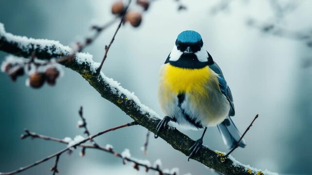 Colorful finch perched on snowy branch with berries