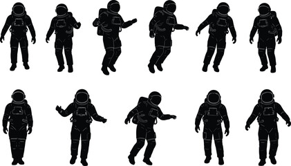 Astronaut silhouettes, space exploration, cosmic figures, science icons, astronaut poses, space suit design, cosmic art, astronaut illustration, outer space theme, futuristic © Md