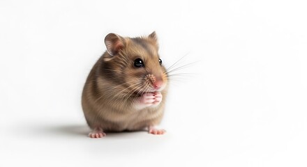 Cute brown hamster sitting on white background looking up