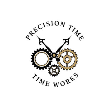 Precision Time Works Logo Featuring Intricate Clock Gears and Hands