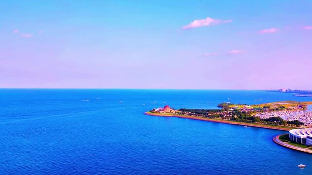 A smooth drone flight over Lake Michigan revealing the iconic Adler Planetarium along the shoreline, with the Chicago skyline rising dramatically in the background for a stunning cinematic view.
