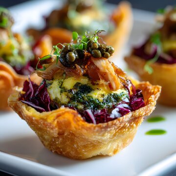 Globally inspired pan cooked egg mixture containing shredded duck tongue fried caper emerald tuile pastry cup layered above crunchy pickled radicchio clean professional stock photo sharp macro