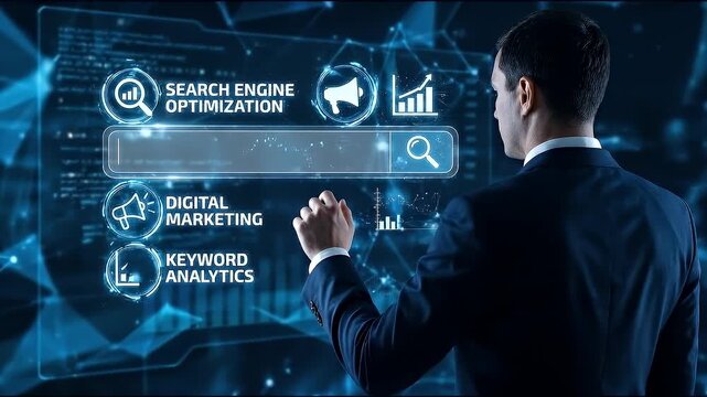 Business professional touching transparent search bar hologram interface representing online search engine optimization and digital marketing concept with dark futuristic background