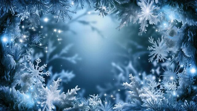 Winter wonderland scene with snowflakes and frosted trees. Ideal for festive holiday designs.
