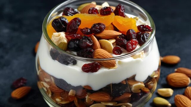 A colorful parfait filled with yogurt, fresh fruits, and nuts. Perfect for a healthy breakfast or snack.