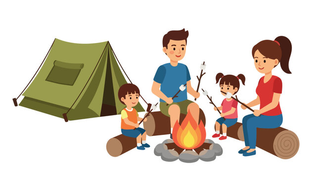 A family of four roasting marshmallows over a campfire in front of a green tent on a white background with warm tones.