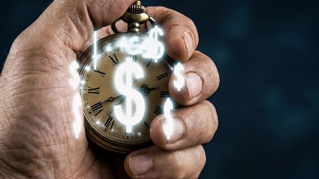 A hand gripping a vintage clock overlayed with dollar symbols, creating a sense of urgency in financial investments, utilizing negative space for emphasis.