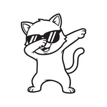 Dabbing Cat Vector Illustration. Funny cool kitten wearing sunglasses doing the dab dance move. Black and white outline cartoon character isolated on white background for coloring book.
