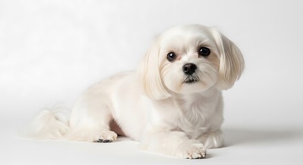 Fototapeta premium Cute Maltese dog lying down in a clean studio setting