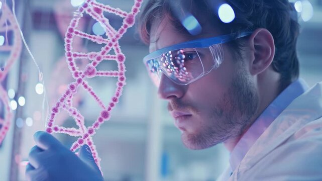 A man in a lab coat and goggles examining glowing strands of DNA using advanced technology.