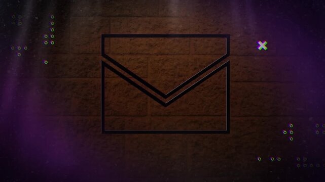 Animation of neon mail icon with diverse shapes on brown background