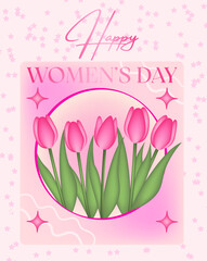 Illustration of a greeting card for Women's Day with tulips on a light pink background.