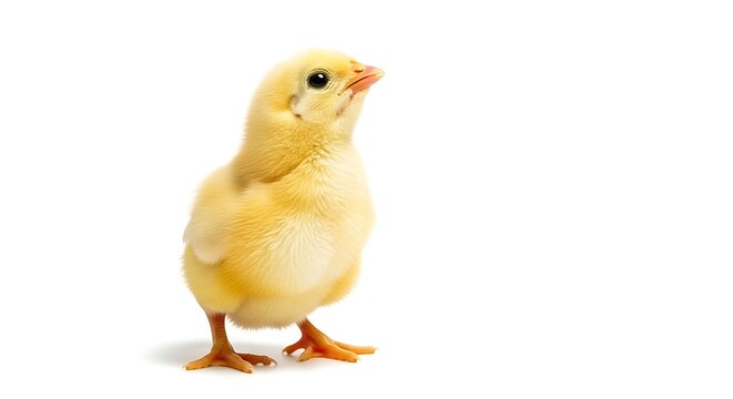 Cute yellow fluffy chick looking up on white background