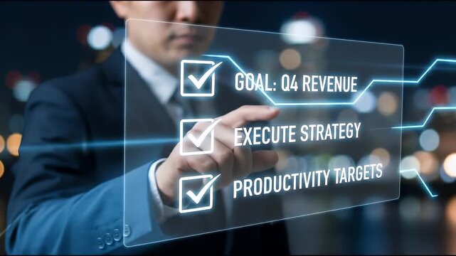 Close-up of a man in a suit using a digital interface to select white checkboxes, with the selected boxes glowing and showing checkmarks, static framing with a blurred city light bokeh background at n