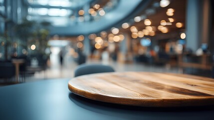 Fototapeta premium Focus Point Table: Capturing a warm ambiance, a circular wooden table in the foreground invites viewers to engage, while a blurred background showcases the architectural structure of building. 