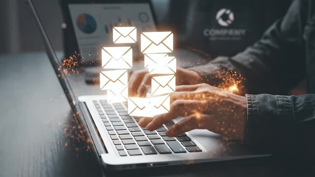 Close-up of hands typing on a laptop as several glowing white envelope icons float above the keyboard, static framing with a dark corporate aesthetic and soft orange glowing particles, cinematic enter