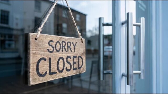 Low angle close-up of a wooden sorry closed sign suspended by string on a glass door, slight natural sway as light reflects off metal door handles, cool ambient daylight with shallow depth of field an