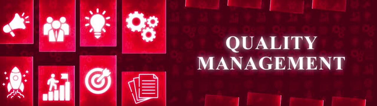 Glowing White Icons Representing Business Concepts on a Dark Red Grid Background with the Words QUALITYMANAGEMENT