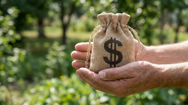 Close-up of cupped hands carefully holding a small burlap sack printed with a dark dollar symbol, static framing with a blurred outdoor background, realistic financial stock footage style for savings 
