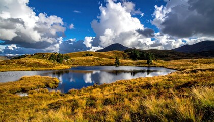 A serene landscape features a lake reflecting the vibrant sky and rolling hills