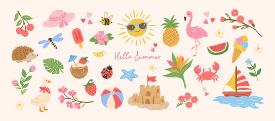 Naklejka premium Cute summer stickers elements. Hand drawn flowers, crab, starfish, beach, boat, flamingo, ice cream, sun. Vector flat illustration.