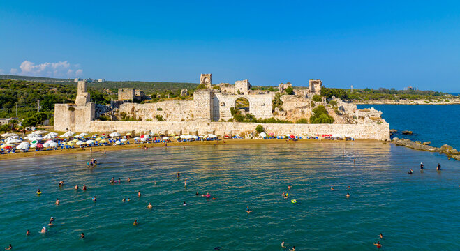 Korikos castle, Roman and Byzantine period work. Aerial bird's eye view, Erdemli, Mersin, Turkey