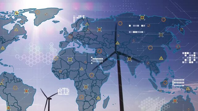 Animation of world map and icons over wind turbines and clouds