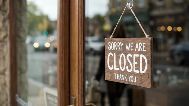 Wooden sorry we are closed sign hanging on glass door with natural bokeh background representing small business closure and retail downtime concept with soft lighting