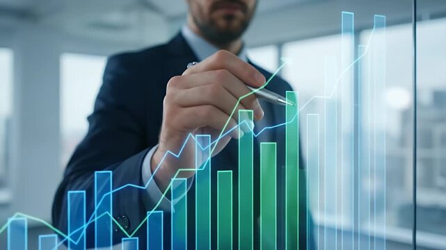Medium close-up of a suited professional extending a pen toward a transparent overlay of bar and line charts, subtle hand movement as if highlighting rising data points, soft gradient lighting with sh