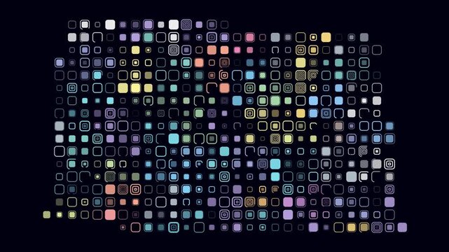 North Dakota animated shape. Pulsating colored dots on the map of the state. Large size rounded square blocks. Digital style North Dakota map on dark background. Vibrant animation video.