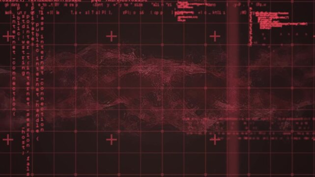Animation of black and red digital screen with data and smoke