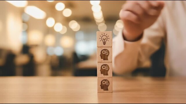 Close-up of a hand picking up a wooden block featuring a lightbulb icon from a stack of blocks with brain profile icons, static framing with soft warm bokeh lighting, realistic business stock footage 