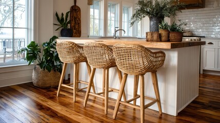 Obraz premium A kitchen island with three wicker stools and plants on wood flooring. Showcase design and lifestyle content with this bright interior.