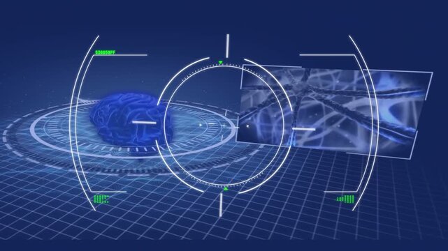 Animation of blue digital screen with viewfinder, scientific data, brain and glitch