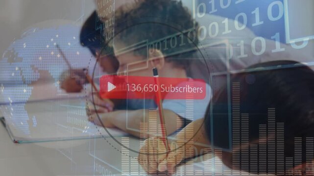 Animation of globe, subscribers box, binary code, graphs over multiracial students writing in books