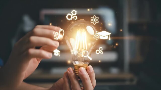 Close-up of a person holding a glowing light bulb while small education and research icons orbit around it, subtle hand movement as the bulb emits warm light, dark background with shallow depth of fie
